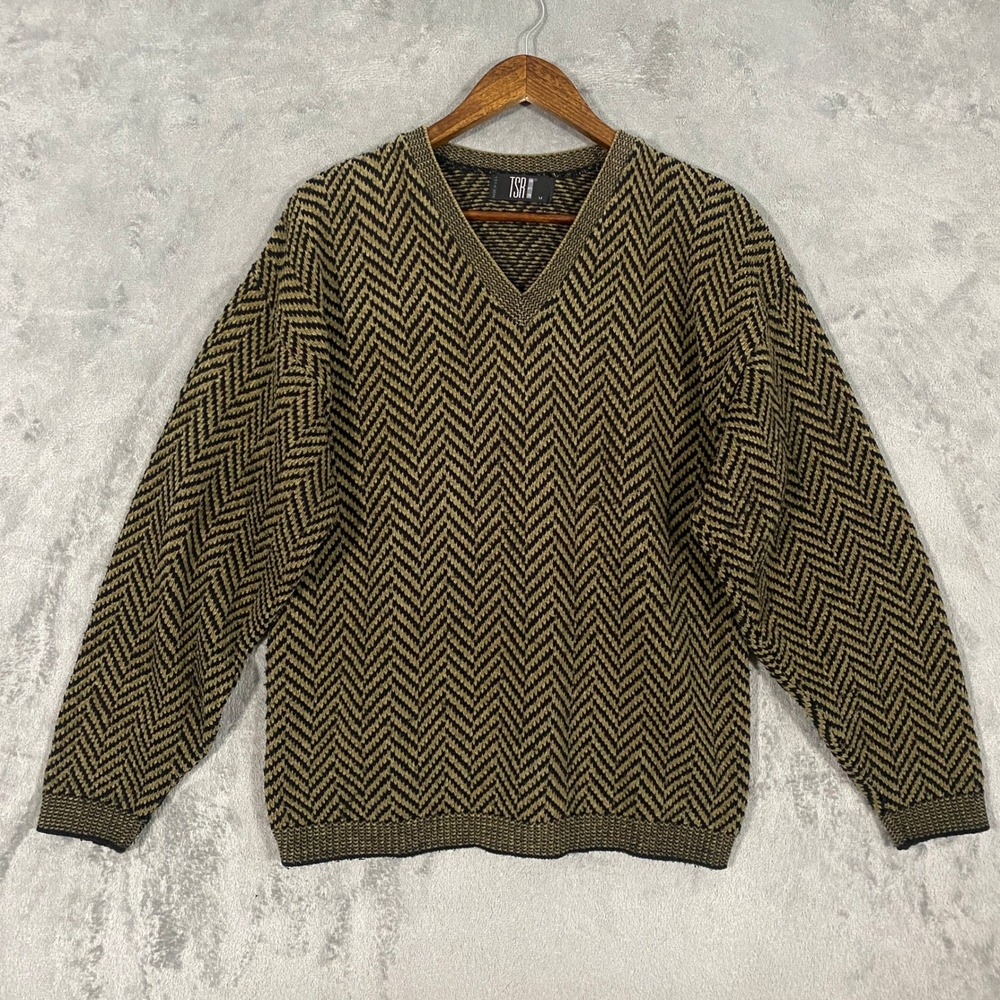 TSR Sweater Sz M Gold Black Chevron Zigzag V-Neck Vintage Made USA 90s Grunge